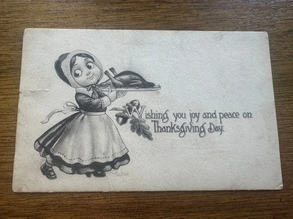 1912 Thanksgiving Postcard Girl Turkey Elmwood Place Ohio Divided Back